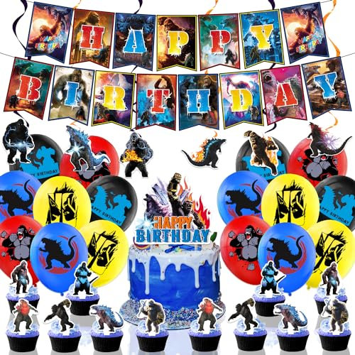 Godzilla Monster Film Themen Deko Geburtstags Deko Set Inklusive Banner, Latex Ballons, Hintergrund Banner, Hängende Wirbel, Tortenaufleger Und Cupcake Toppers