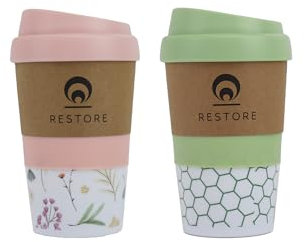Restore Coffee Cup Travel Mug, Renew 320ml Multi Coloured Pack Reuseable Polypropylene Silicone Grip Leakproof BPA Free Beverage Cup, Fits Standard Cup Holders (2 Mixed Pack Pink & Teal)