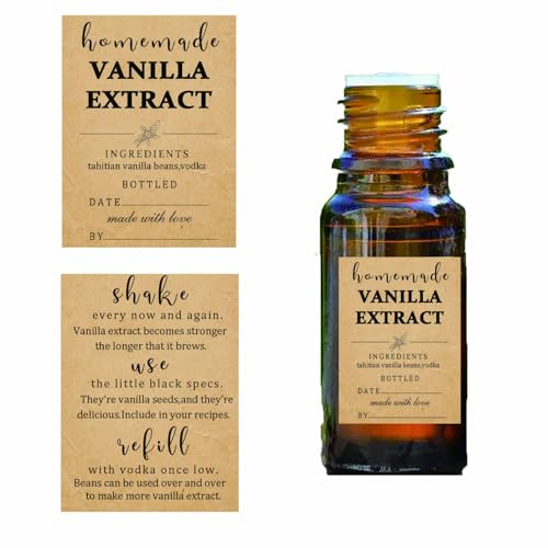 48 Pack Kraft Homemade Vanilla Extract Stickers 1.5×2 inch Square Personalized Vanilla Instruction Labels for Handcrafted Vanilla Bottles,Holiday Christmas Gifts,Jar Kitchen Pantry