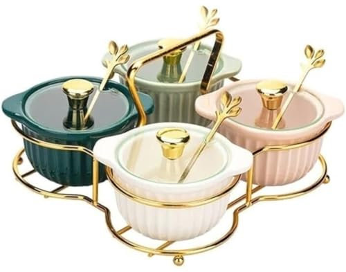 GOOPEEG Gewürzbehälter Keramik-Gewürzflasche, 4 Zellen, Gewürzglas-Set, Kombinations-Gewürzbox, Küchengewürzglas Küche Zuhause Restaurant Café