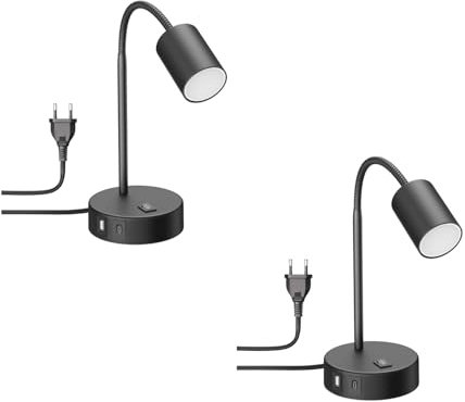 ledscom.de 2 Stück Tischleuchte WAIKA, schwarz, USB-A, USB-C, inkl. GU10 LED Lampe (3-Stufen-Dimmer, weiß, 6,1W, 609lm)