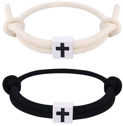 2pcs Braided Cross Bracelet for Men, Adjustable Christian Religious Bracelet Jesus Cross Rope with Knot Handmade String Gift for Men Women