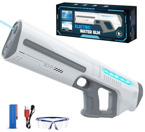 Skirfy Pistola de agua eléctrica para niños y adultos, juguete de pulverización a pilas con tanque, alcance de 9 m, luz LED, absorción automática de agua, juego de verano en la playa al aire libre