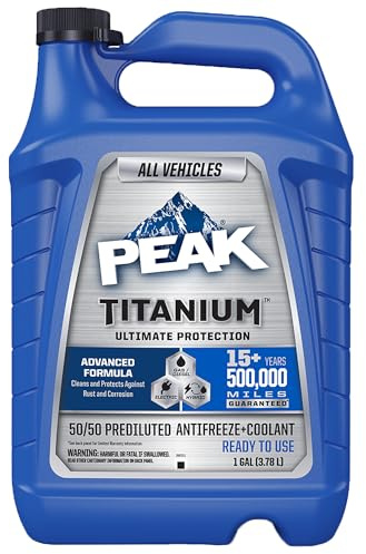 PEAK Titanium 50/50 Prediluted Antifreeze and Coolant for All Engine Cooling Systems, Long-Lasting Yellow Engine Coolant/Antifreeze for Lifetime Engine Protection in All Vehicles, 1 Gal.