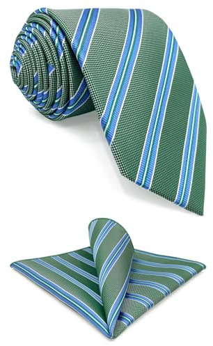 S&W SHLAX&WING Grün Blau Gestreiftes Herren Krawatte mit Einstecktuch Set 147cm