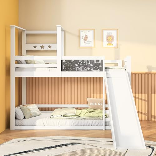 BRILVERDE Kinderbett 90x200cm mit Rutsche, Treppe und Kritzeltafel Etagenbett mit Lattenrost und Fallschutz Hochbett Bett für 2 Kinder Weißkiefer