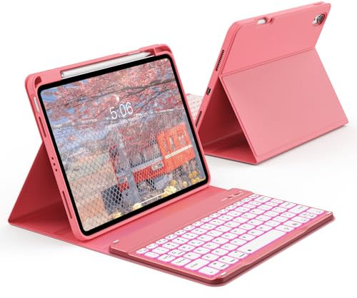 KVTVOU Keyboard Case for iPad 11th Generation A16 2025 / iPad 10th Generation 2022 10.9 Inch, Protective Case with Pencil Holder, 7 Colors Backlit Buletooth Keyboard QWERTY UK Layout, Watermelon Red