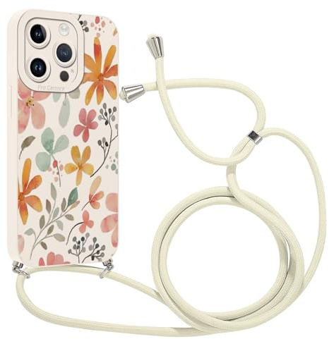 Kueqeay Coque avec Cordon pour iPhone 14 Pro 6,1 avec Motif Fleur Blanc Case, Aesthetic Silicone étui avec Collier Réglable Corde Souple TPU Antichoc Housse de Protection pour Femmes, 01