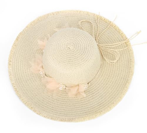LY4U Chapeau de Soleil Souple à Large Bord pour Femmes UPF 50 avec Fleur de Dentelle, Chapeau de Plage Pliable de Protection UV pour Voyage, été en Plein Air