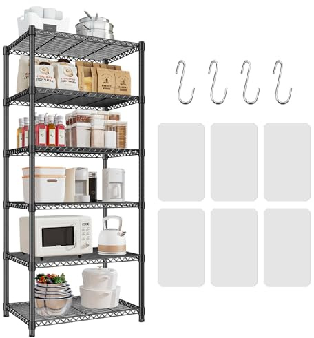6-Shelf Storage Rack Unit With Height Adjustable Shelves & Levelling Feet | 6 Tier Metal Freestanding Shelving Unit Carbon Steel Standing Shelf Units for Kitchen,Hallway,Bathroom,Living Room,Black