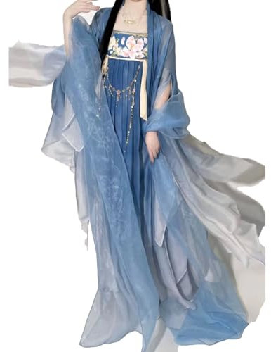 Robe Hanfu chinoise for femme, tenue de la dynastie Tang Qixiong Ruqun, haut transparent, costume d'Halloween Cosplay(Blue,M)
