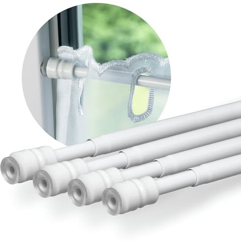 Rollina Klemmstange Gardinenstange ohne Bohren weiß | Für Fensterbreite 40-60 cm | mit Gummipuffer | starke Spannung durch Drehmechanismus | Klemm-Bistrogardinenstange für Scheibengardinen (4er Pack)
