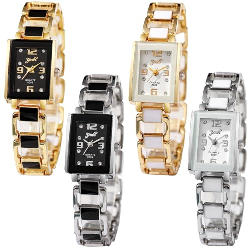 dayutech Confezione da 4 orologi rettangolari da donna, vintage, analogico, al quarzo, in ceramica, con braccialetto in ceramica bianco, oro rosa e argento, set di gioielli da donna