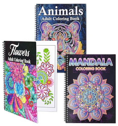 Pobuu Lot de 3 Pièces Livre Coloriage Adulte, Livre de Coloriage Anti Stress pour AdultesRelaxation, 60 Motifs Mandalas,Fleurs et Animaux,Noël Cadeau Femmes