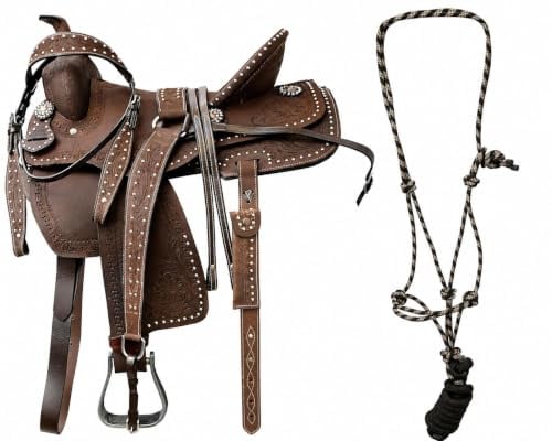 Royal Reins Brown Leather Western Barrel Saddle – Durable, Comfortable & Balanced Riding Tack with Matching Headstall & Breast Collar Set