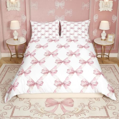 feelingyou Niedliche Bowknot Kinder Bettdecke S Größe Grid Krawatte Drucken Decken Abdeckung für Schlafzimmer Rosa Aquarell Bettwäsche Set(1 Kissenbehälter)