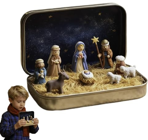 Mini Weihnachtskrippenset In Einer Blechdose, Tragbares Taschenkrippenset, Weihnachts Mini Figuren Aus Kunstharz Jesus Und Schafe 3D Dekoration, Für Schreibtisch Regals Büro Schlafzimmer Wohnzimmer