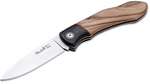 Muela Navaja GT-8M.OL hoja de acero MoVa de 8 cm y empuñadura de micarta negra con olivo para Caza, Pesca, Supervivencia y Bushcraft Realizado en Ciudad Real + Portabotellas de regalo