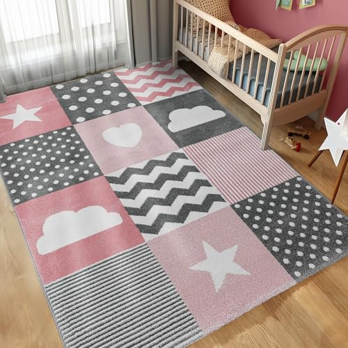 Carpettex Kinderteppich Herz-Stren Karo Design Pink 160 x 230 cm - Kurzflor Teppich Kinderzimmer für Mädchen und Jungen Pflegeleicht - Waschbarer Spielteppich Babyteppich Gaming Teppich Babyzimmer