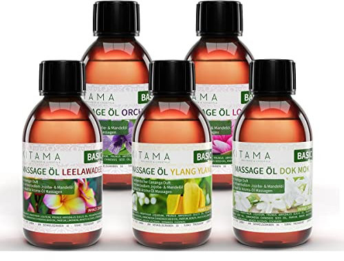 Kitama Aroma Dok Mok, Leelawadee, Orchidée, Lotus & Ylang Ylang - Lot de 5 huiles de massage thaïlandaises - Huile de soin pour la peau - 250 ml