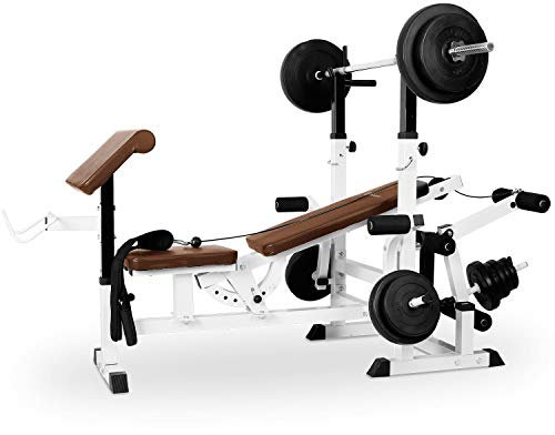 Klarfit Workout Hero 3000 Hantelbank, Power Station mit Schräg- und Flachbank, Hantelbank mit Gewichten, Fitnessgeräte für Zuhause, Home-Gym Kraftstation mit Langhantel & Beinpresse, 280 kg Belastung