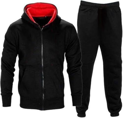 trending babz - Tuta unisex per bambini e ragazzi, a maniche lunghe, in pile, con cerniera, felpa con cappuccio e pantaloni da jogging, a contrasto, palestra, scuola, taglie 7-13 anni, Nero e rosso