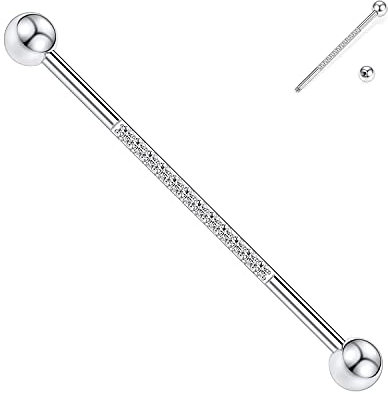 14G Industrielle Langhantel Chirurgenstahl Industrieller Piercingschmuck Silber Industrielle Langhantel 38mm lange Gerüststange Industriestange mit CZ gepflastertem Knorpelohrring Helix Ohrringe