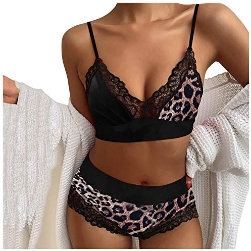 Julhold Dessous-Set 2-teilig für Frauen Spaghetti Ärmellos Druck Spitze V-Ausschnitt Cami Tops Nachtwäsche-Set Sexy Babydoll-Pyjamas(Schwarz,XL)