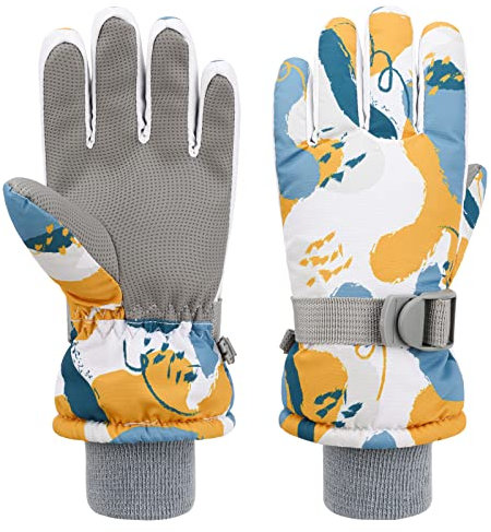 QKURT Guanti da Sci per Bambini, Guanto da Snowboard per Ragazze Guanti Antivento Invernali per Bambini Guanti da Neve per Graffiti con Ispessimento a Doppio Strato per 5-11 anni