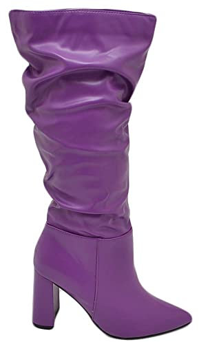 Stivali Donna Alti in Ecopelle Viola al Ginocchio a Punta Arricciati con Zip Tacco Doppio 10 Evergreen (37 EU)