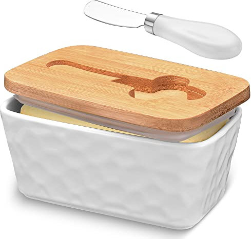 AISBUGUR Large Butter Dish, Porcelain Butter Dish with Lid and Knife, High Capacity Ceramic Butter Dish, 250 g Butter with Double Silicone Sealing Lip, White