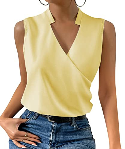 ORANDESIGNE Débardeur Femme Chic Et Élégant Top Chemisier Sexy Blouse Ample Haut Été sans Manches Tee Shirt Col V Fluide Mode Casual Chemise Classique Debardeur Travail Camisole A Jaune S