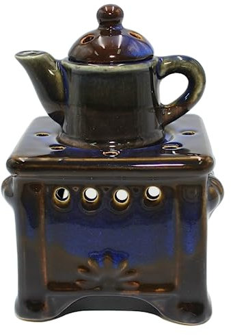 Dekohelden24 Duftlampe/Aromalampe/Duftlicht/Duftstövchen als Herd mit Kanne, aus Keramik in dunkelblau, Größe: L/B/H ca. 10 x 10 x 15 cm
