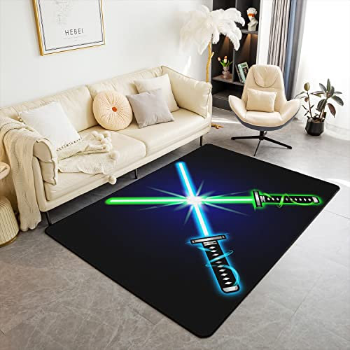 Lightsaber Teppich 150x200cm Wetterfest Science Fiction Light Saber WohnzimmerTeppich für Küche und Balkon Matte Blau Grün Light Sword Extra Weich Fleece Modern Teppich Maschinen Waschbar Teppich