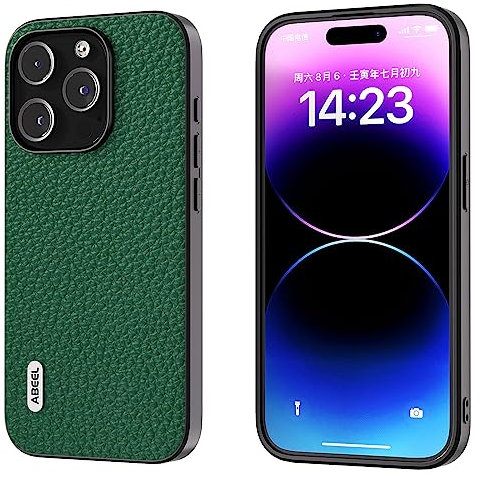 COQUE Cover Apple iPhone 14 Pro Max, in vera pelle con texture effetto litchi, stile ultra sottile e minimalista, custodia protettiva antiscivolo-Verde