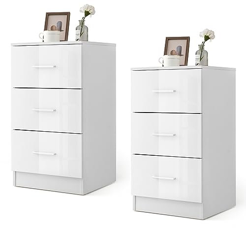 COSTWAY 2er Set Nachttisch mit 3 Schubladen, Hochglanz Nachtschrank, Nachtkommode für Boxspringbett, 37 x 34 x 66,5 cm, weiß