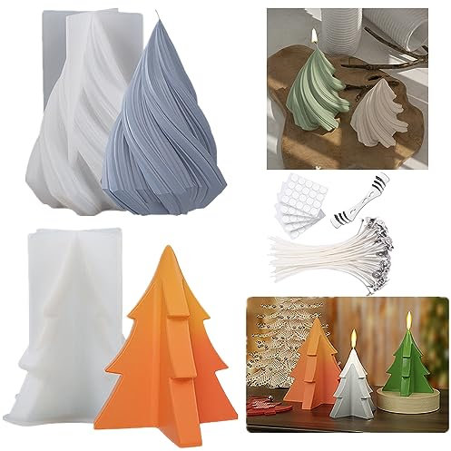 YUNJYI'S Juego de 2 moldes de silicona para hacer velas,Árbol De Navidad 3D Cónico 3D,Cono, Molde De Silicona En Espiral Y Juego De Mecha De Vela,Adornos Artesanales,Vela Perfumada De Bricolaje,Jabón