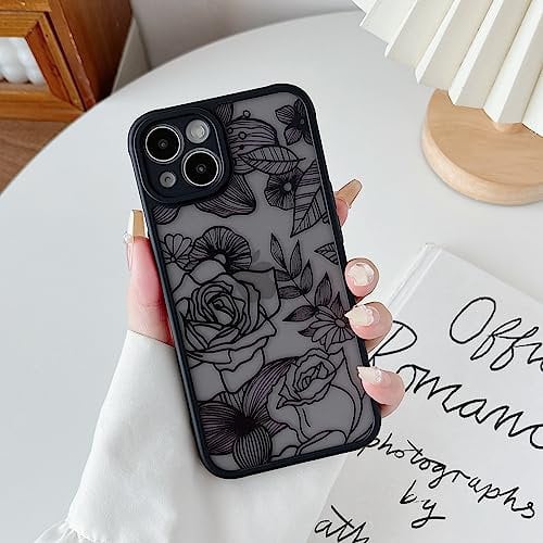 XIZYO Case for iPhone 15 6.1 Inch, Cute Frosted Translucent Rose Floral Flower Pattern Shockproof Cover, for Girls Women Luxury Soft TPU Protective Phone Case, Black