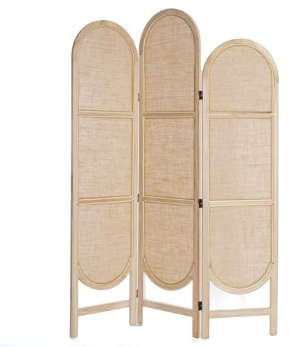 RAUMTEILER Arco | Leinen/Holz, 3-teilig,170x120 cm | klappbarer Paravent, Natur Stellwand, Trennwand, Raumtrenner, Faltwand, Sichtschutz, braun Ankleidewand