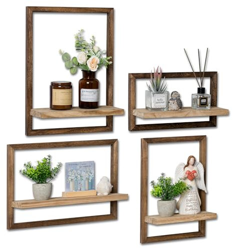 Walasis Etagere Murale Bois Étagère Murale Étagère Flottante Lot de 4 Décoration Murale Petite Tablette Murale Salle de Bain Cuisine Retro Brown