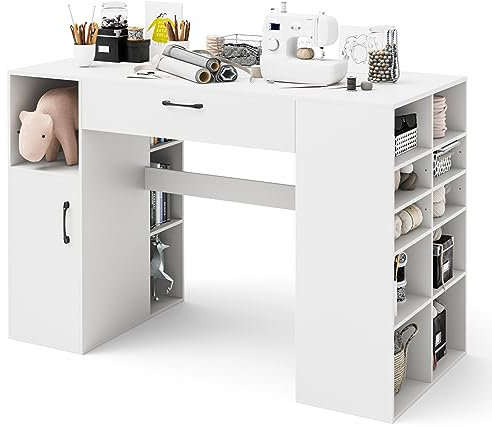 COSTWAY Wooden Sewing Table, 2-in-1 Artwork Craft Table with Drawer, 14 Open Compartments, Adjustable Shelf & Door Cabinet, Drafting Sewing Machine Table Computer Desk Workstation, 135x60x91cm, White