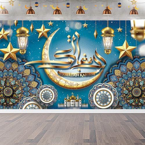 TZEKING Ramadan Mubarak Hintergrund Banner,Dekoration Banner Ramadan,180 * 110cm Extra Große Ramadan Mubarak Hintergrund Banner,Eid Deko,Eid Mubarak Hintergrund für Muslim islamische Party Eid Deko