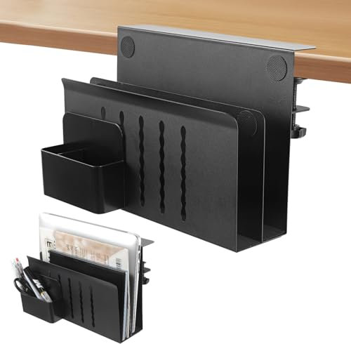 Domigard Desk Side Storage Organizer, Clamp-on Shelf Storage, No Drill Under Desk Laptop Support with Magnetic Pen Holder (Black-Double Layer)