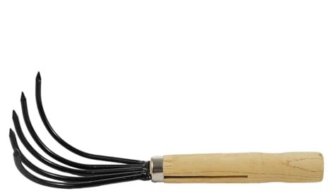 Handheld Hoe 5-Claw Rake Hand Cultivator with Short Wooden Handle, Bendproof Garden Hand Rake Tool, Great for Loosening or Weeding Soil