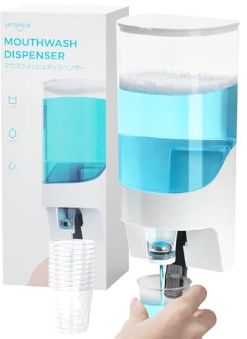 Umimile Mundspülspender für Badezimmer, Kunststoff-Mundspülspender, Wandmontage, 900 ml, Mundspülbehälter mit 10 wiederverwendbaren Bechern, Weiß