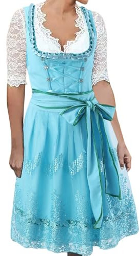 Damen Midi Dirndl Elegante Trachtenkleid für Oktoberfest inkl. Spitzen Dirndlschürze Oktoberfest Kleider