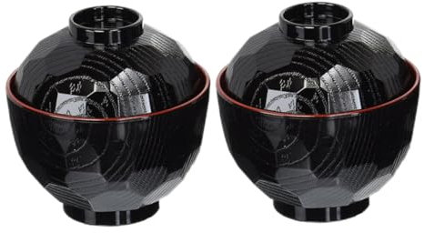 Jeorywoet Japanese Soup Bowls, Traditional Japanese Bowls Lightweight Rice Miso Soup Bowls with Lid Black and Red Color 2PCS, Soup Bowls