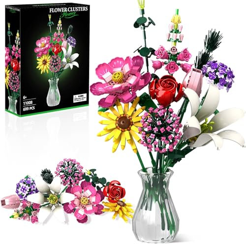 OKKIDY Juego de construcción de ramo de flores, 699 unidades, decoración única para el hogar, regalos para el día de la madre, cumpleaños, día de San Valentín, aniversario, juguetes de construcción de