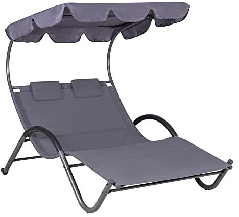 Hortan Lettino Ondulato 2 Posti Con Struttura Prendisole In Acciaio, Seduta Ergonomica In Tessuto Textilene e Tetto Parasole Per Arredo Giardino, Terrazzo e Piscina