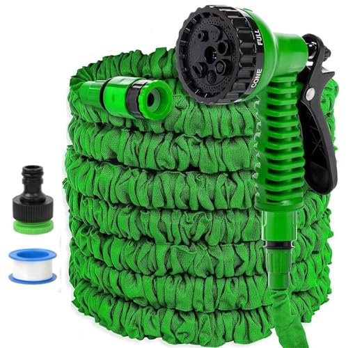 Tuyau d'arrosage extensible de 7,6 m/15,2 m/22,9 m/30,5 m/38,1 m avec raccords de 1,9 cm, 1,2 cm, tuyau d'arrosage avec buse de pulvérisation 7 fonctions (15 m, vert)